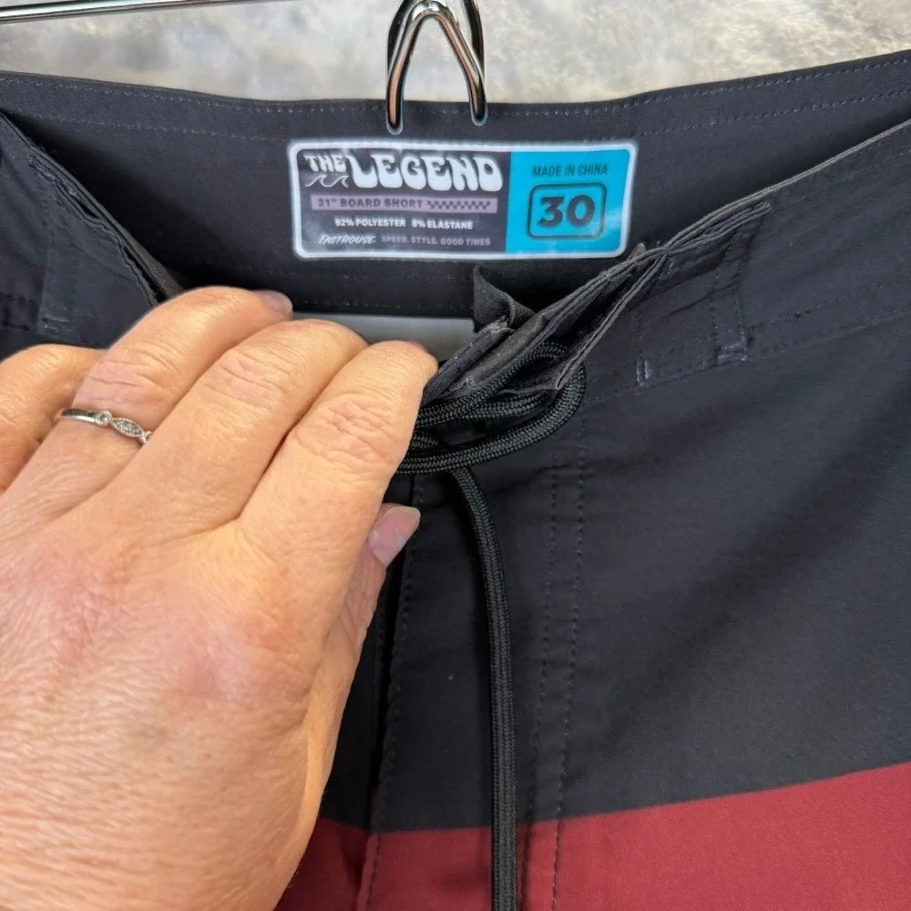 The Legend Mens Board‎ Shorts Size 30 Black Red Orange Checkered Swim Trunks